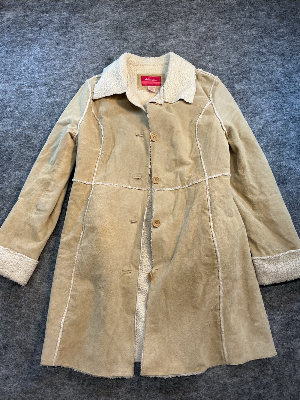 Xhilaration Y2K Penny Lane Tan Suede Trench Coat with Cream Shearling Trim Size